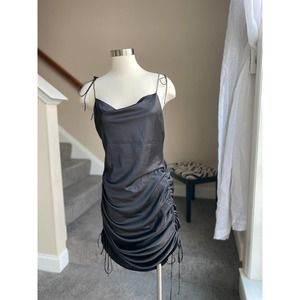 Black strappy, faux satin dress with adjustable ruched sides, size small